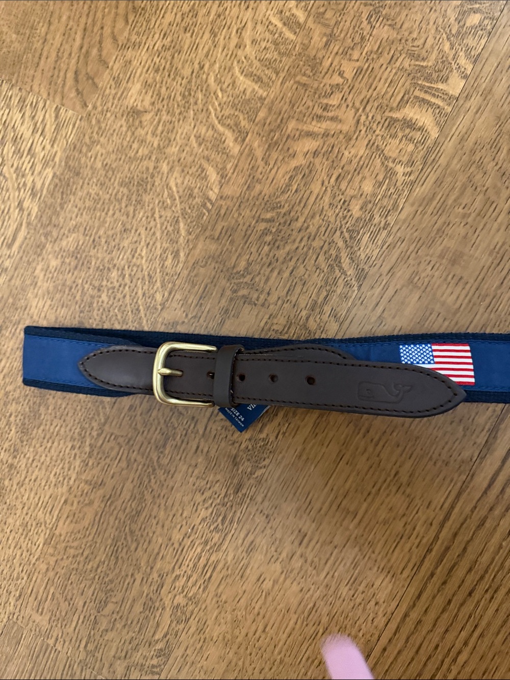 Vineyard Vines Navy Blue Webbed Kids Belt with Brown Leather Trim